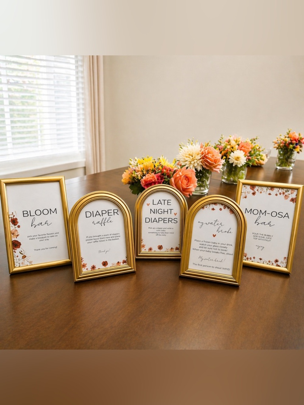 Set of 5 Boho Floral Baby Shower Table Signs in Gold Metal Frames Bundle